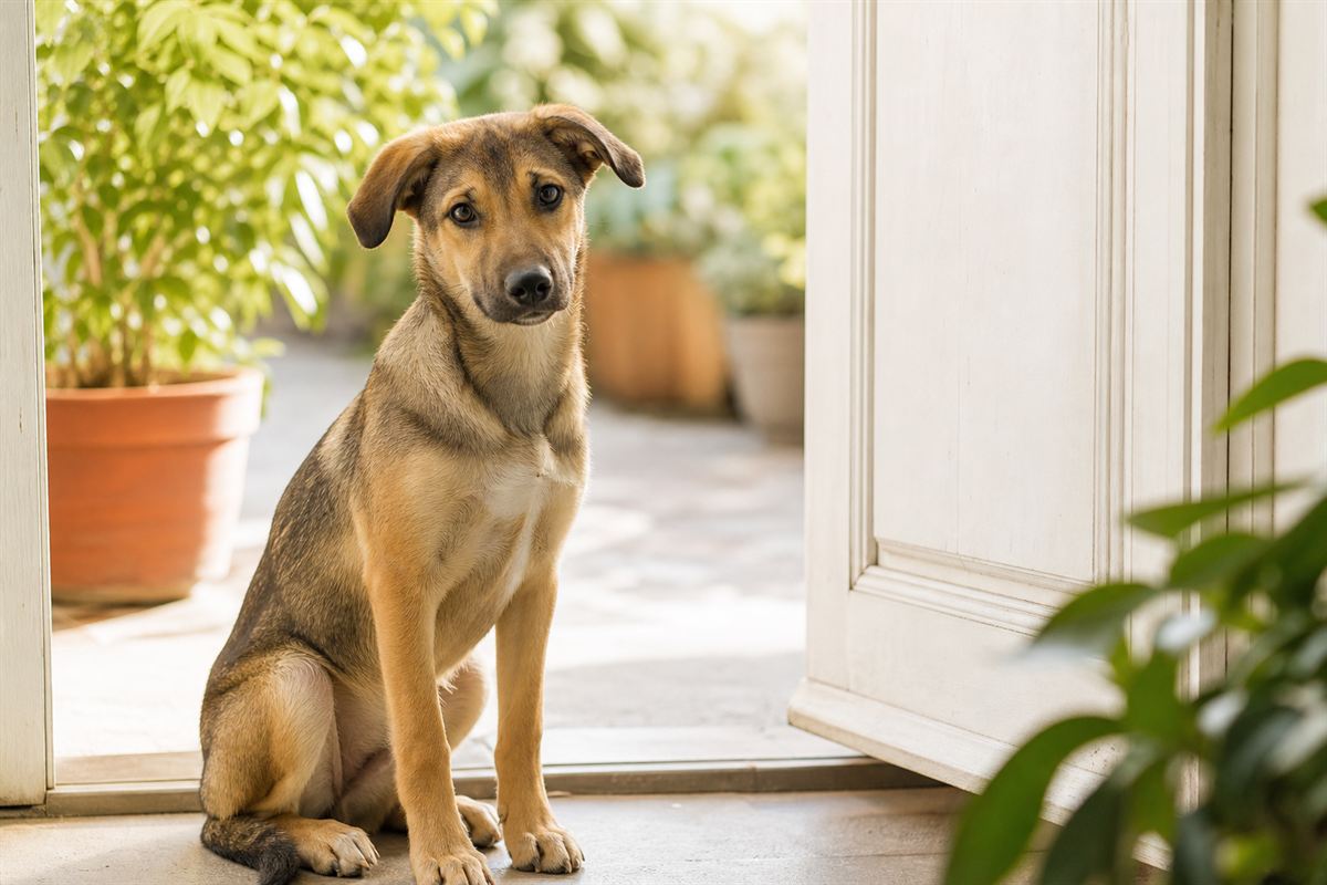 Ein junger Hund sitzt ruhig an einer offenen T&uuml;r und schaut aufmerksam nach vorne