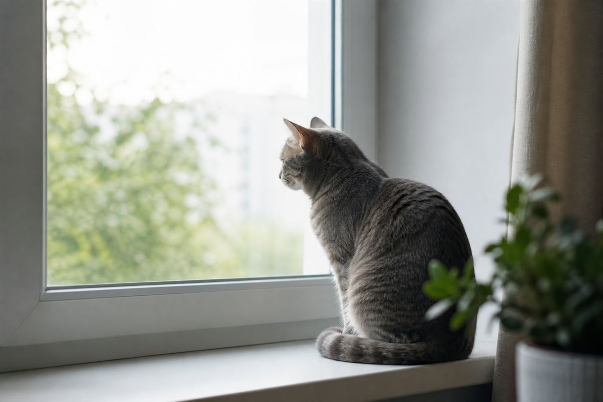 Eine Katze sitzt ruhig am Fenster und blickt nach drau&szlig;en
